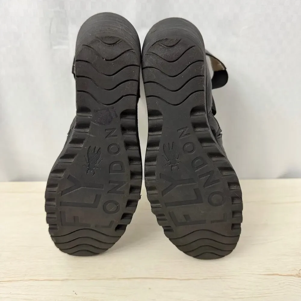 Fly London Yefi Wedge Sandals Womens Size 8 Black Leather YEFI473FLY 39